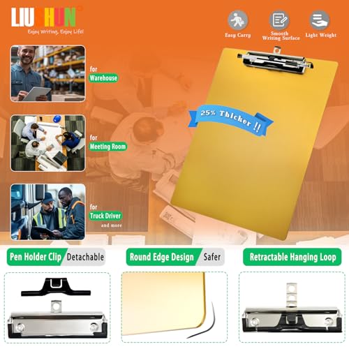Aluminum Metal Clipboard Stainless Hangable Pen Holder Low-Profile Clip Board Size A4 9" x 12.6" with Sticky Note for School Office Business Medical Professionals Workshop Factory (Gold, Aluminum-A4) - style: Gold