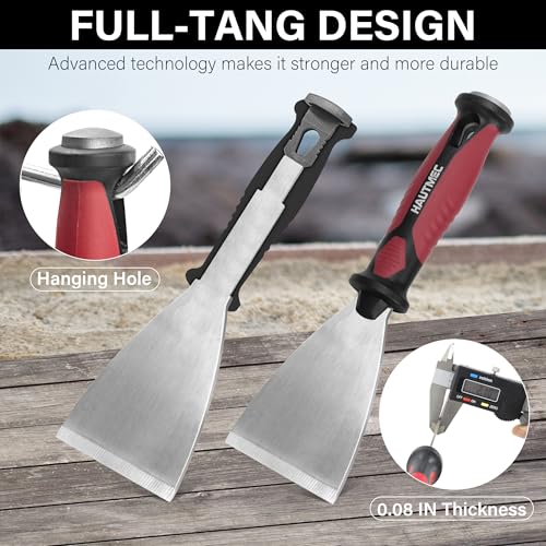 HAUTMEC Putty Knife 4 PC Set, 1.25",2",3" Paint Scraper & 3" 8-in-1 Paint Stripper, Heavy Duty Stainless Steel Blade and Hammer End for Removing Wallpaper, Plaster, Cement 25060