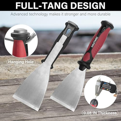 HAUTMEC Putty Knife 4 PC Set, 1.25",2",3" Paint Scraper & 3" 8-in-1 Paint Stripper, Heavy Duty Stainless Steel Blade and Hammer End for Removing Wallpaper, Plaster, Cement 25060
