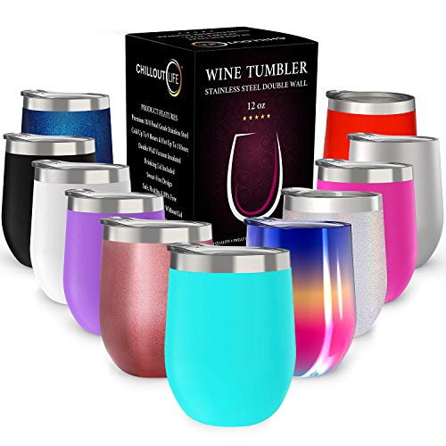 CHILLOUT LIFE 12 oz Stainless Steel Wine Tumbler with Lid - Double Wall Vacuum Insulated Wine Cup Glass Keeping Cold & Hot for Coffee, Champagne, Cocktails, Ice Cream - Powder Coated Aqua Blue - color: Aqua Blue, style: 1 Pack