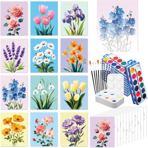 Ctosree 12 Sets Pre Drawn Canvas Kit for Painting Adults Sip and Paint Kit Art Pre Printed Canvas Bulk for Adult Date Night, Art Party & Holiday Gift(Vivid Flower,8 x 10 in) - size: 8 x 10 in, style: Vivid Flower