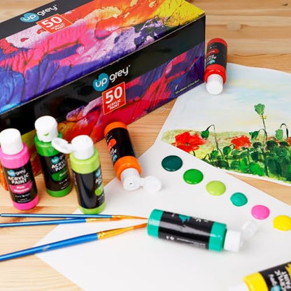 UPGREY 50 Colors Acrylic Paint Set, Non Toxic Art Paints (2fl Oz/60ml Each) With 5 Craft Paint Brushes, Metallic Acrylic Paints Kids Adults for Canvas Crafts Stone Wood Ceramic And Model Painting - color: 50 Colors(60 ml/2fl oz）