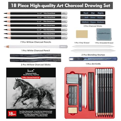 Brusarth Charcoal Pencils for Drawing, 18 Pcs Art Pencil Kit, Professional Sketching Pencil, Art Supplies for Drawing, Shading, Sketching, Blending, Artist Pencils for Beginners & Artists
