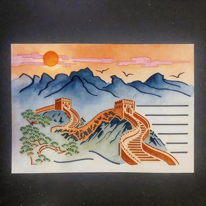 TIAMECH A4 Reusable Chinese Great Wall Landscape Stencil for Painting | Oriental Mountain Layering Template, DIY Wall Art, Wood Furniture, Scrapbook & Crafts (8.3x11.7inch) - style: Chinese Great Wall Landscape