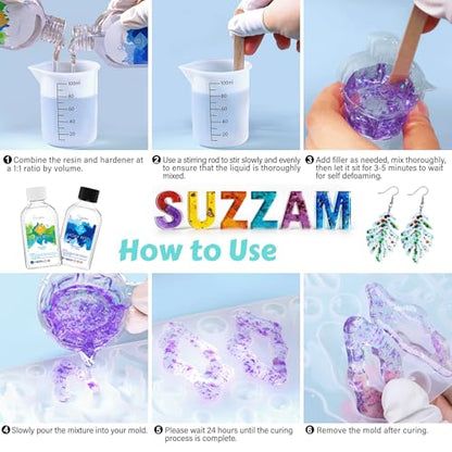Suzzam 8OZ Epoxy Resin Jewelry Making Kit - No Yellowing, No Bubbles, Easy Mix 1:1, Crystal Clear Resin Kit with Silicone Mold & Resin Supplies for DIY Craft Jewelry