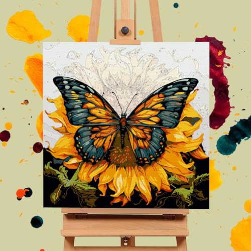 Framed Paint by Numbers Kit for Adults Beginners & Kids Ages 8-12, Butterfly Sunflower Acrylic Easy Paint by Number with Frame, Paint by Number Kits on Canvas Framed (10 * 10 Inch, without Easel) - color: BOP1PF01, size: 10 x 10 Inch