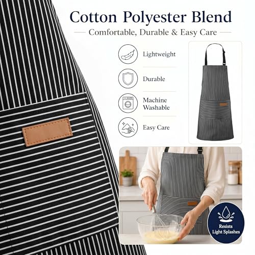 Handepo 4 Pcs Kitchen Aprons with Pockets Adjustable Waterproof Cotton Aprons Striped Apron for Women Men Chef Gift for Dad - color: Black