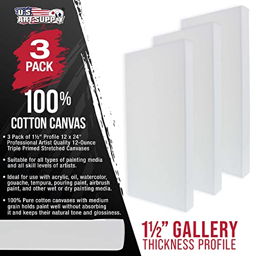 U.S. Art Supply Rectangle Stretched Canvas for Painting 12x24 inch Gallery Depth 1-1/2" Thick, 3-Pack - 12oz Acrylic Gesso Triple Primed, Professional Artist Quality, 100% Cotton - Oil, Pouring Paint - size: 12" x 24"