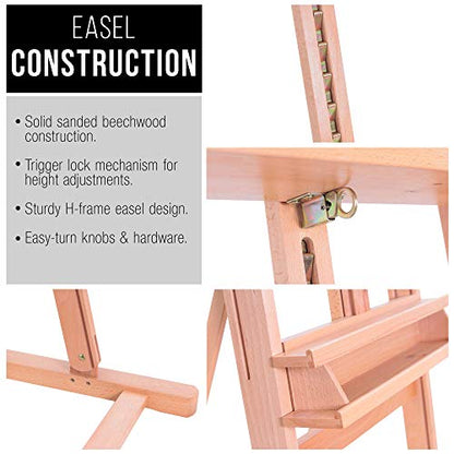 U.S. Art Supply Medium Wooden Studio H Frame Easel with Storage Tray - Adjustable to 96" High, Holds Canvas up to 48" - Beechwood Artist Easel for Painting, Art Display Stand, Portraits