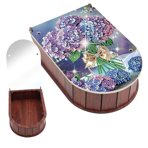 JZHYOAN Diamond Painting Wooden Box Diamond Art Storage Case Kits for Adults DIY Special Shape Flip Cover Wooden Box Rhinestone Craft Decor Cosmetic Storage Box with Mirror for Lipstick Eyeshadow - color: Purple flower