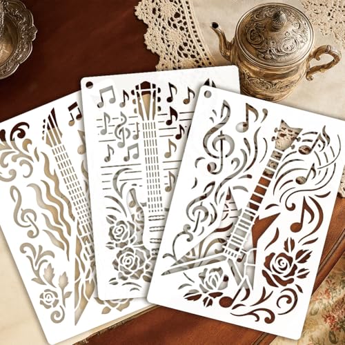 6 Sheets Texture Guitar Stencils for Painting, 6 Styles Musical Instruments Musical Note Wall Stencil Template Reusable Musical Theam Stencils for Painting on Wall Wood Home Decor - style: Guitar
