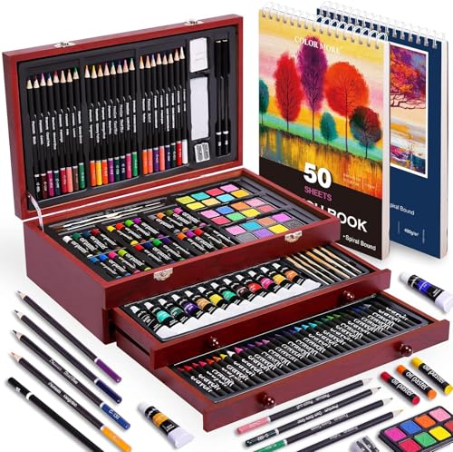 Deluxe Art Set with 2 Drawing Pads, Crayons, Acrylic Paints, Colored Pencils Set in Wooden Case, Professional Art Kit for Adults, Artist and Teens, Paint Supplies