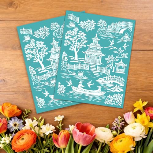 2 Sheets Chinoiserie Silk Screen Stencil, Chinese Garden Pagoda Self-Adhesive Silk Screen Printing Stencils Reusable Mesh Stencil for Painting on Wall, Wood, T-Shirt, Home Craft Decor - style: Chinese landscape
