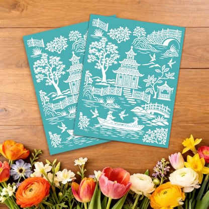 2 Sheets Chinoiserie Silk Screen Stencil, Chinese Garden Pagoda Self-Adhesive Silk Screen Printing Stencils Reusable Mesh Stencil for Painting on Wall, Wood, T-Shirt, Home Craft Decor - style: Chinese landscape