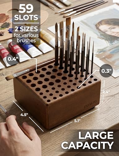 DUGATO Wooden Brush Holder, 59 Hole Desk Organizer with Rest Groove | Tabletop Stand for Paint Brushes, Pencils, Pens & Art Supplies, Built-In Drying Rest, Studio Desktop Rack