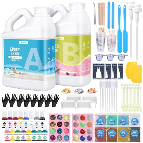 OcePor Epoxy Resin 1 Gallon - Clear Epoxy Resin Kit with 16 Pigments and 8 Colors of Mica Powders - No Yellowing No Bubble Casting Resina for Art Crafts, Jewelry Making & Resina Molds(1/2 Gallon x 2) - size: 1 Gallon Kit