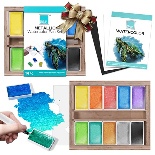 COLOUR BLOCK 14-Piece Metallic Watercolor Paint Set, 10 Full-Pan Metallic Colors, Shimmer Paints, Water Brush Pen, Palette, Paper & Portable Wooden Box — Professional Quality for Students, Beginner Artists, Kid, and Adult. Ideal Gift Choice - size: 14 Pie