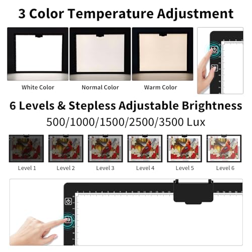 HIUKCOLED Rechargeable A3 Light Pad with Diamond Painting Light Board Carry Bag, Built-in Foldable Stand＆top Clip, 3 Colors/Stepless/6-level Brightness, Battery Powered Wireless LED Tracing Box - style: A3 Stand with Bag