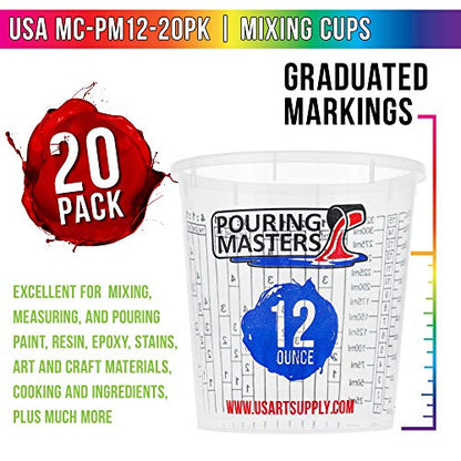 Pouring Masters 12 Ounce (350ml) Graduated Plastic Mixing Cups (Box of 20) - Paint Mixing Cups for Epoxy Resin, Art, Kitchen, Baking - Measurements in OZ and ML, 4 Different Measuring Ratios 1:1 - size: 12-Ounce - Cup