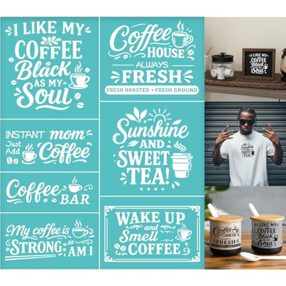 2 Sheets Coffee Slogan Silkscreen Stencil, Farmhouse Kitchen Reusable Mesh Stencil Self-Adhesive Silk Screen Printing for Wall Border Wood Fabric Home Craft Decor - style: Coffee Slogan