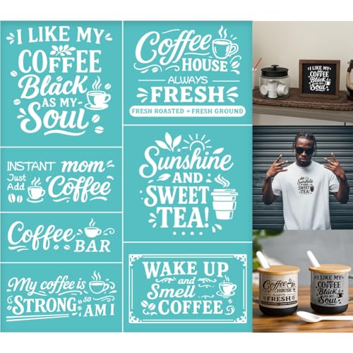 2 Sheets Coffee Slogan Silkscreen Stencil, Farmhouse Kitchen Reusable Mesh Stencil Self-Adhesive Silk Screen Printing for Wall Border Wood Fabric Home Craft Decor - style: Coffee Slogan
