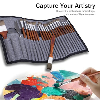 Paint Brush Set, Professional Paintbrushes with Palette Knife and Cloth Roll, Suitable for Beginners, Artists, Gouache, Oil, Face Painting(25pcs)