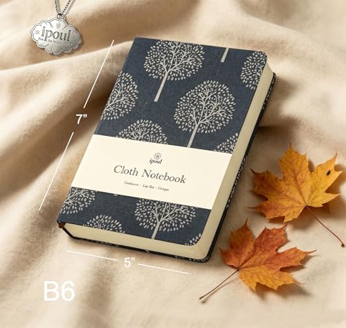 Linen Notebook, Hardcover Cloth Journal, B6, 264 Pages, 5x7 Small Lined Notebook & Sketchbook, Lay Flat, White Tree Navy Blue Fabric, Dirt-proof, Suitable for Outdoor Sketching - color: B6-Tree Navy