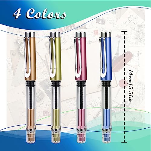 Bewudy 4 Pcs Refillable Fountain Pen Transparent Caligraphy Pens for Writing Upgrated Fine Nib Piston Filling Fountain Pen