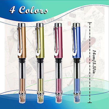 Bewudy 4 Pcs Refillable Fountain Pen Transparent Caligraphy Pens for Writing Upgrated Fine Nib Piston Filling Fountain Pen