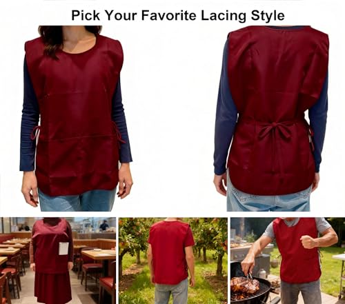 Large Smock Cobbler Apron for Men & Women, Adjustable Side Ties & 2 Pockets - color: Wine Red+green