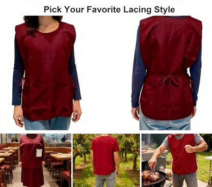 Large Smock Cobbler Apron for Men & Women, Adjustable Side Ties & 2 Pockets - color: Wine Red+green
