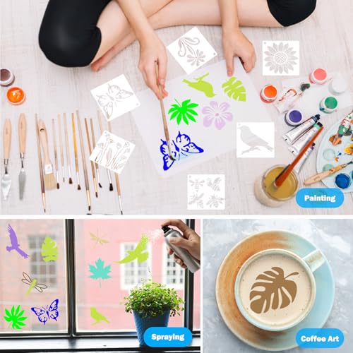80 Pcs Small Nature Stencils for Painting on Rocks & Wood Slices, 3x3 Inch Reusable Flower Bird Butterfly Stencils, Mini Floral Templates for Crafts, Scrapbooking, Card Making, and DIY Ornaments