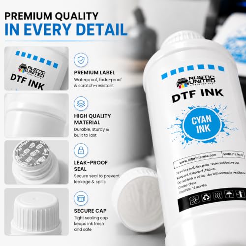 DTF Film Cyan Ink 500ml - Premium Heat Transfer Direct to Film Ink for DTF Printer L1800 XP600 I3200 ET-8550 XP15000 R1390 ET-4800 ET-2800 L800 - color: Cyan, size: 500ml
