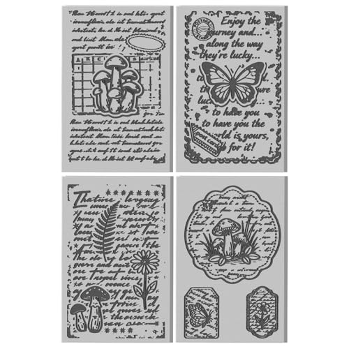 4 Sheets Retro Text Pattern Polymer Clay Texture Sheet Mushrooms and Butterfly Patterns Rubber Texture Mat for Polymer Clay Making Earrings Jewelry DIY Crafts 4 × 2.5 Inch - style: Retro Text Pattern