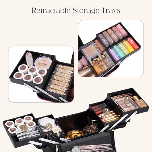 Yueieoun Large Makeup Case,Nail Bag with 4 Tier, Travel Makeup Box Organizer,Nail Kit Storage Tattoo Bag Make Up Case for women/Nail Art/Eyelash Extension/Tattoo/MUA, with luggage sleeve, Black - size: Medium
