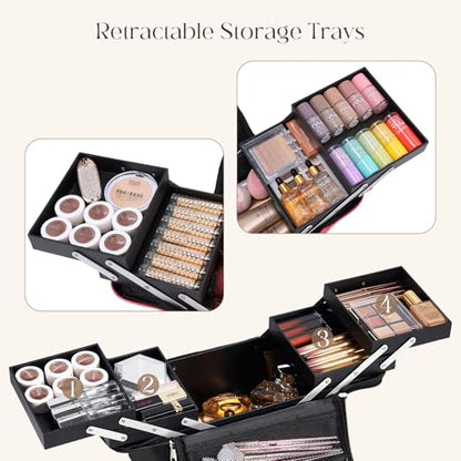 Yueieoun Large Makeup Case,Nail Bag with 4 Tier, Travel Makeup Box Organizer,Nail Kit Storage Tattoo Bag Make Up Case for women/Nail Art/Eyelash Extension/Tattoo/MUA, with luggage sleeve, Black - size: Medium