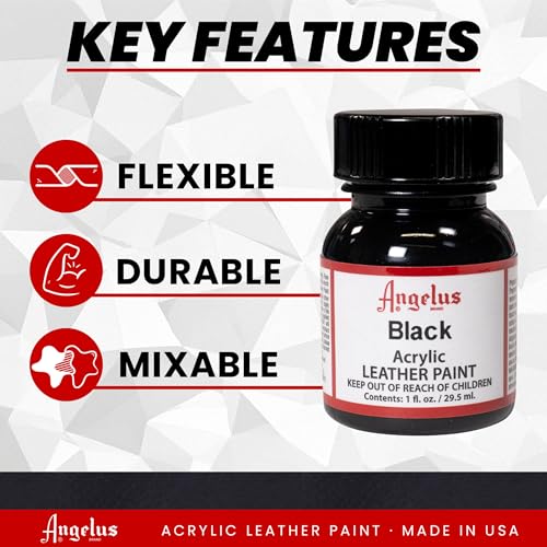 Angelus Acrylic Leather Paint, 1 Fl Oz, Black - Professional Flexible, Crack, Scratch, Peel Resistant Leather Paint for Shoes, Sneakers, Canvas, Furniture and Other Leather Projects | Professional Flexible, Crack, Scratch, Peel Resistant Leather Paint for