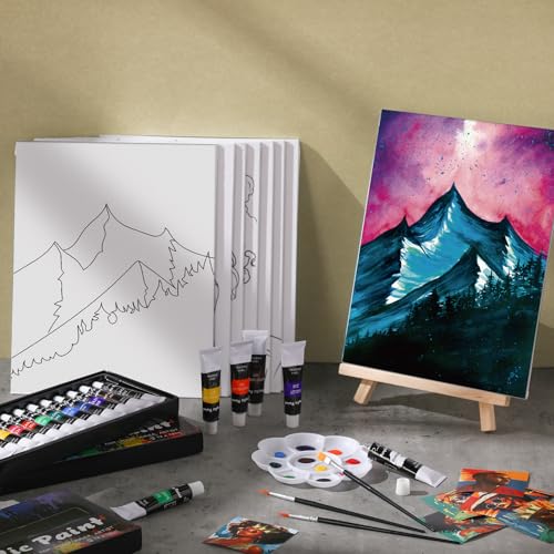 Cholemy 36 Pcs Paint and Sip Kit for Adults 8''x10'' Pre Drawn Canvas for Painting DIY Afro Acrylic Painting Kit Wood Easel Brushes Date Night Bulk for Summer 4th of July Party Gift(Mountain) - style: Mountain