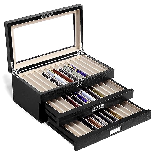 Pen Display Case with 36 Pen Slots, Fountain Pen Case, Wood Pen Storage Organizer, Pen Box Display for Men Gift, Pen Collector with Glass Window(Black ash Veneer Finish, Creamy-White Velvet) - color: Black 36 Slots, White Velvet