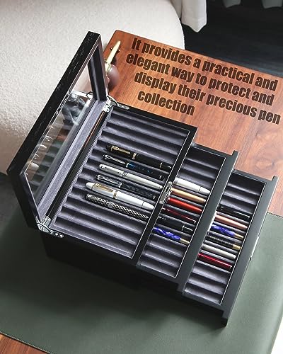 Pen Display Case with 36 Pen Slots, Fountain Pen Case, Wood Pen Storage Organizer, Pen Box Display for Men Gift, Pen Display Box with Glass Window(black ash veneer finish, dark gray velvet) - color: black 36 slots, gray velvet