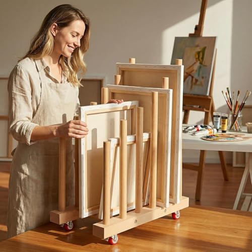 Artwork Storage Rack with Brake Caster Wheels,Art Drying Rack, Canvas Storage Rack,Wood Storage Stand for Drawing Board, Prints, Perfect for Studios,Galleries, Museums, Art Venues (12in)