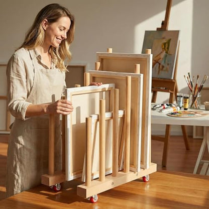 Artwork Storage Rack with Brake Caster Wheels,Art Drying Rack, Canvas Storage Rack,Wood Storage Stand for Drawing Board, Prints, Perfect for Studios,Galleries, Museums, Art Venues (12in)