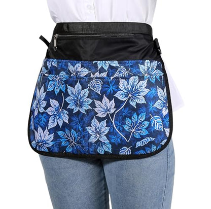 Waterproof Server Apron for Women with 5 Pockets,Quickly Put on and Take off Waitress Aprons,Work Apron for Bartender Barista - color: Blue Leaves