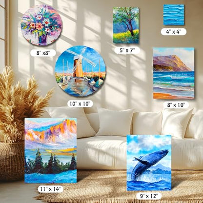 Stretched Canvas - 4x4, 5x7, 8x10, 9x12, 11x14 and Round Canvas 8x8, 10x10 (2 of Each) Total 14 Canvas Pack - 100% Cotton Blank Canvases for Oils Acrylics and Pouring - size: 14 Packs -7 Sizes (2 of Each)