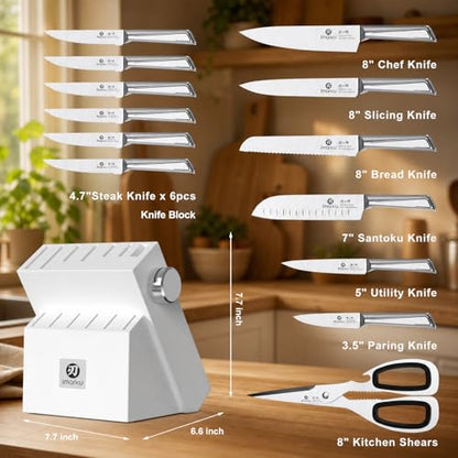 imarku 14-Piece Knife Set with Block, Built-in Sharpener, High Carbon Stainless Steel Kitchen Knives, Dishwasher Safe, Rust Resistant, Non-Slip Handle – Gift for Home Cooks & Chefs, Utility Knives - color: White, size: 14 Pcs