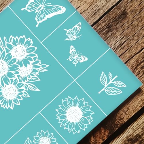 2 Sheets Sunflower Silkscreen Stencil, Flower Butterfly Painting Stencils Templates Reusable Self-Adhesive Silk Screen Printing for Wall Border Wood Fabric Home Craft Decor - style: Sunflower