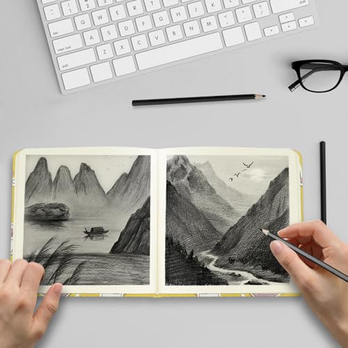 E-WEICHEN Square 4.8x4.8 inches 80gsm 96sheets/192 Pages Notebooks Blank Sketchbooks Travel Journal Pocket Hardcover Paint Writing Diary Memo Planner Cloth Cover. Yellow Cat - color: Cloth Cover-4.8x4.8in-Yellow Cat