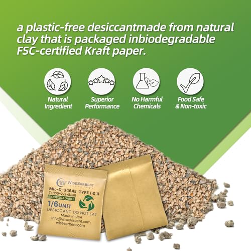 Wisesorb 1/6U Kraft Clay Desiccants Packs for Storage - Silica Gel Packets Alternative, 6 Gram Food Safe Bentonite Clay Desiccant Bags, Military Grade Highest Moisture Absorbers [180 Pack] - size: 180 PACK