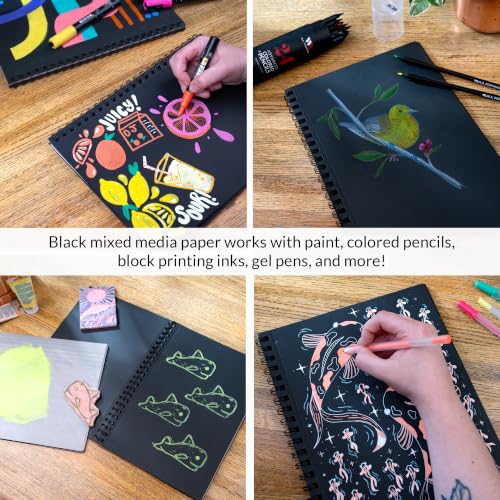 WA Portman Black Paper Sketchbook A4 (8.3" x 11.7") – 140 GSM Acid-Free Black Paper Notebook, 60 Pages (30 Sheets) Spiral Scrapbook Journal, Mixed Media Sketch Drawing Pad for Kids & Adults - size: A4 Single