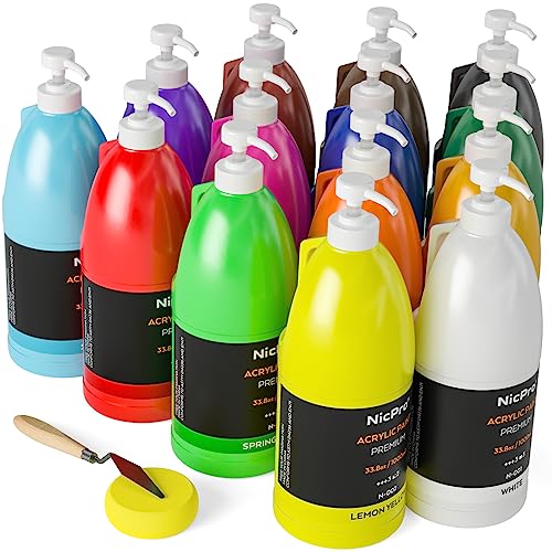Nicpro 14 Colors Large Bulk Acrylic Paint Set (33.8 oz, 1000 ml) Rich Art Painting Supplies, Non Toxic for Multi Surface Canvas Wood Leather Fabric Stone Craft, for Kid & Adult with Pump, Color Wheel - color: 33.8oz 14colors